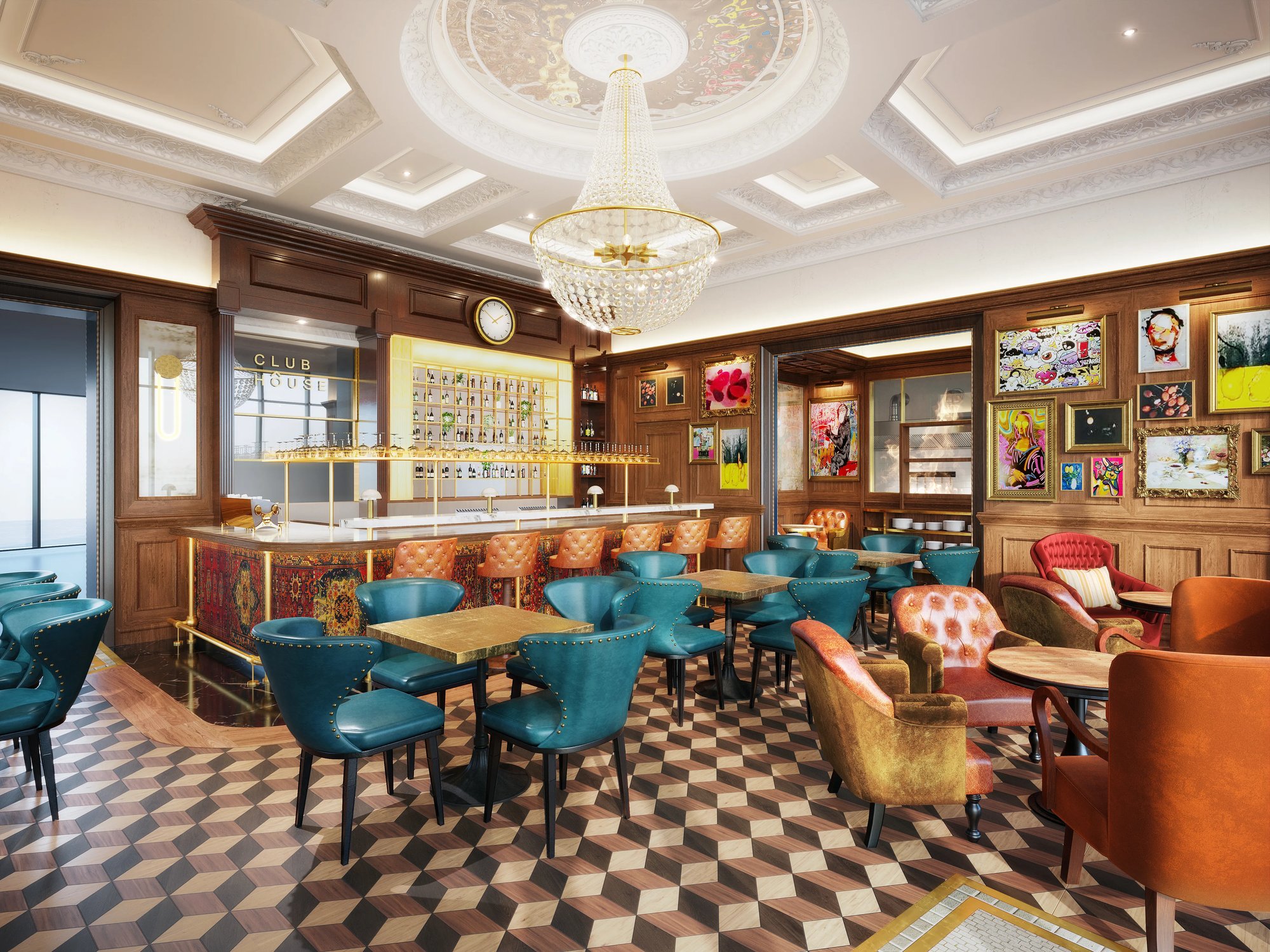 Interior design CGI of Around the Block Mirdif, luxury cafe with comfy seating