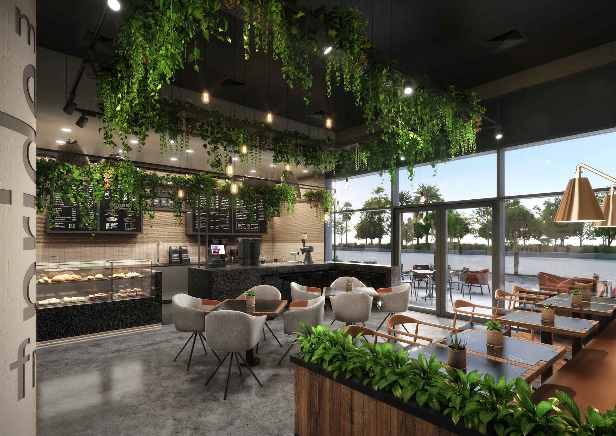 Coffee Planet Villanova Community Mall, Interior design CGI of the concept, hanging artificial plants with chalkboard menus