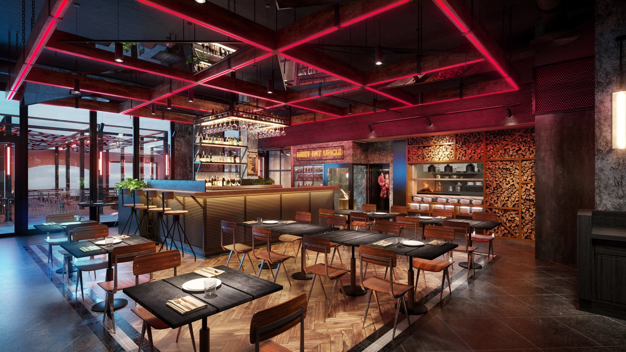 Fat Uncle Instagrammable beautiful foods and drinks, red led ceiling, restuarant, concept interior design cgi