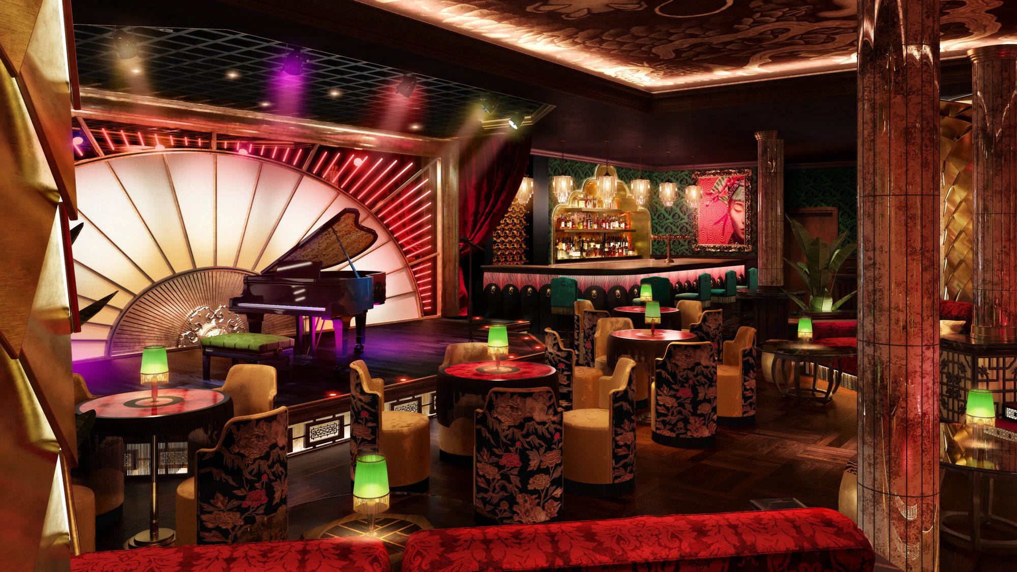 Opium An elegant bar featuring a piano and a spacious screen, offering entertainment at a restaurant or night club
