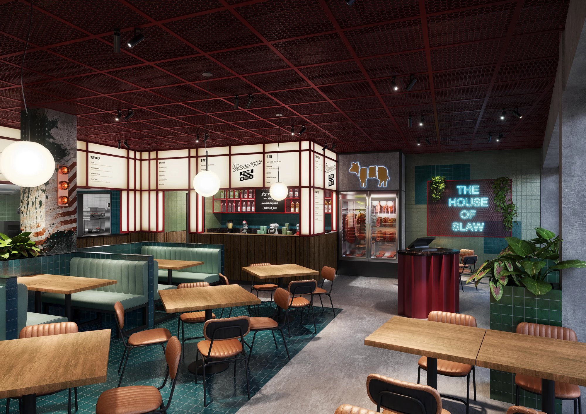 The House of Slaw, Dubai, Interior Design CGI A cozy cafe with wooden tables and chairs, serving freshly brewed coffee and delicious pastries.