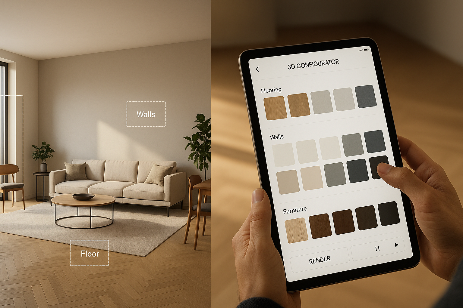 Split-screen view showing interactive 3D room configurator on tablet device with material swatches for flooring, walls, and furniture alongside real-time rendered living room interior with beige sofa and wooden flooring
