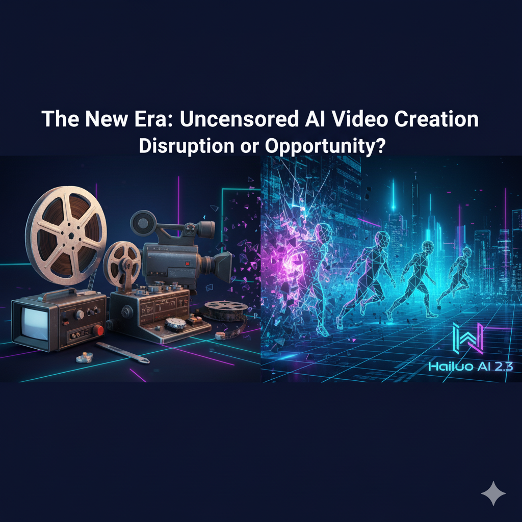 Futuristic AI avatars animatedly breaking through a digital wall, symbolizing the transition from traditional video creation to advanced, uncensored AI tools like Hailuo AI 2.3. Neon colors, glowing effects, and a high-tech silhouette emphasize innovation and disruption for creative industries.